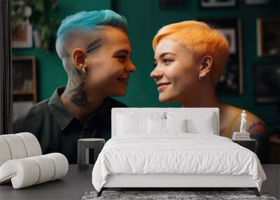 Happy young couple with tattoos and vivid colors short hair in an office. Generative AI AIG21. Wall mural