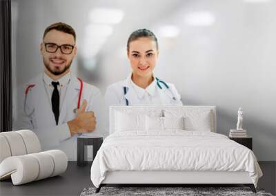 Healthcare people group. Professional doctor working in hospital office or clinic with other doctors, nurse and surgeon. Medical technology research institute and doctor staff service concept. Wall mural