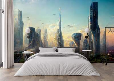 High-rise buildings, flying vehicles, and lush vegetation all coexist in futuristic fantasy cityscape. Spectacular digital art 3D illustration. Acrylic painting. Wall mural