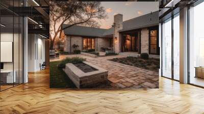 Home architecture design in Ranch Style with Front porch constructed by Stucco and stone material. One-story design with outdoor living spaces. Generative AI AIG25 . Wall mural