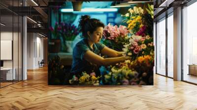 In a flowerfilled shop, a skilled florist arranges a vibrant bouquet, showcasing her craft and love for nature AIG58 Wall mural