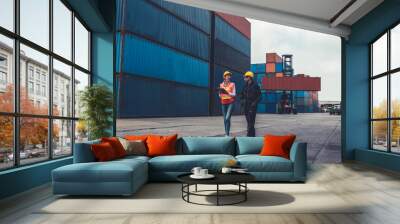 Industrial worker works with co-worker at overseas shipping container yard . Logistics supply chain management and international goods export concept . Wall mural