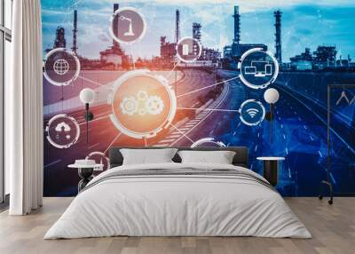 Industry 4.0 technology concept - Smart factory for fourth industrial revolution with icon graphic showing automation system by using robots and automated machinery controlled via internet network . Wall mural