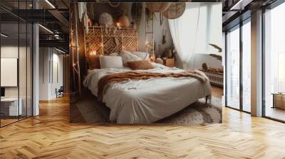 Interior design of Bedroom in Bohemian style with Canopy Bed decorated with Rattan, Textured Bedding, Macrame material. Modern architecture. Generative AI AIG24. Wall mural