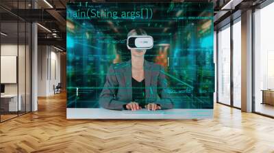 IT developer typing computer code for analyzing intelligent website development coder system data selection by VR innovation interface digital network technology visual hologram server. Contraption. Wall mural