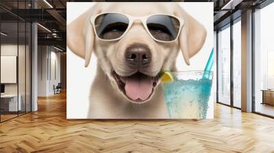 Labrador retriever puppy dog with glass of cocktail on white background Wall mural