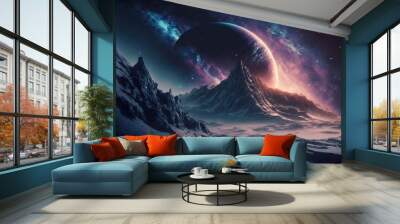 Landscape in fantasy new planet with galaxy background. Concept of nebula space atmosphere with mountain and snowy. Finest generative AI. Wall mural