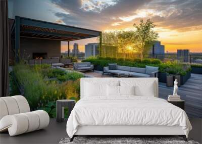 Luxurious rooftop garden terrace offers a peaceful retreat with modern outdoor furniture overlooking a stunning urban skyline during a warm sunset. Resplendent. Wall mural