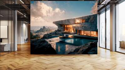 Luxury pool villa spectacular contemporary design 3D illustration digital art real estate , home, house and property Wall mural