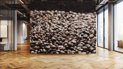 Macro shot of super slow motion shot of fresh coffee bean placed with black background. Close up of piles of aromatic roasted coffee seed surrounded. Macrography. Beans scattering around. Comestible. Wall mural