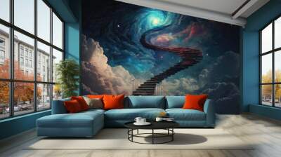 Magical stair up to night sky full of stars. superlative generative AI image. Wall mural