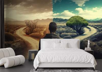 Man at two roads deciding for best chance of environment protection. superlative generative AI image. Wall mural