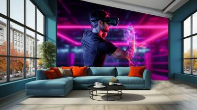 Man wearing VR glass and smashing or punching at camera in neon boxing arena. Sport gamer boxing and moving gesture in metaverse or virtual world while using digital technology innovation. Deviation. Wall mural