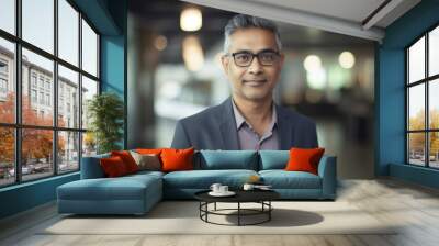 Mature smart indian businessman, smiling face, standing in blur background of creative colorful office interior design. Generative AI AIG20. Wall mural