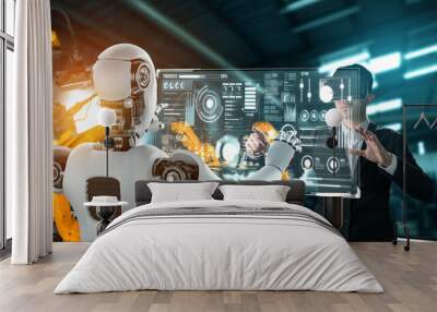 mechanized industry robot and human worker working together in future factory . concept of artificia Wall mural