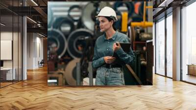 Metalwork manufacturing factory inspection, female engineer inspector with safety equipment conduct quality control on metal material in facility for heavy industry construction. Exemplifying Wall mural