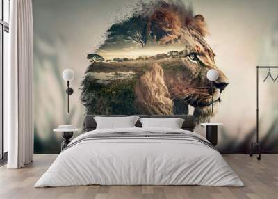 Modern design male lion with double exposure background of african jungle and savanna landscape as wondrous concept of the natural adventure and majestic wildlife animal by Generative AI. Wall mural