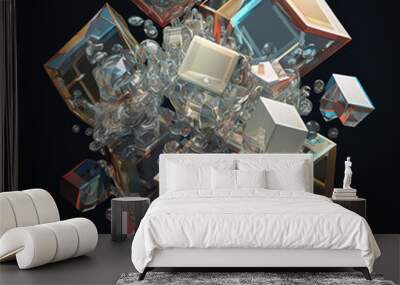 Modern digital abstract art of glassy geometric transparent cubic shape crystal blocks refracts light in ravishing spectrum of prismatic colors by Generative AI. Wall mural