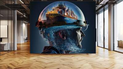 Modern sea-borne and naval engineering concept. Wondrous portrait of ambitious engineer and cargo ship with containers double exposure. Concept of supply chain and goods shipping by Generative AI. Wall mural