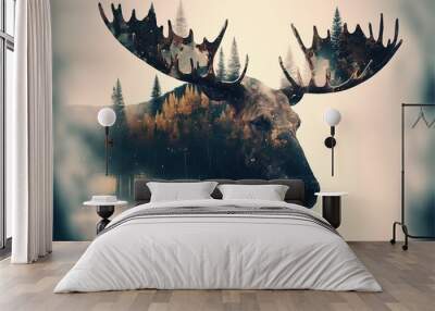 Moose with beautiful antler double exposure with natural background as concept of fertility forest and wildlife live together in peace, explore and adventure in wilderness. Superb Generative AI. Wall mural