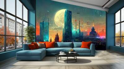 Nighttime in cyberpunk city of the futuristic fantasy world features skyscrapers, flying cars, and neon lights. Digital art 3D illustration. Acrylic painting. Wall mural