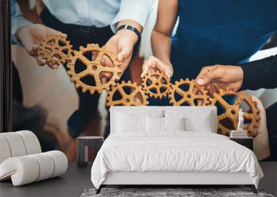 Office worker holding cog wheel as unity and teamwork in corporate workplace concept. Diverse colleague business people showing symbol of visionary system and mechanism for business success. Concord Wall mural