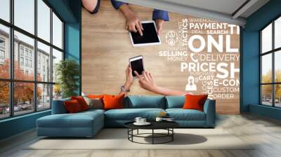 Online shopping and Internet Money Payment Transaction Technology. Modern graphic interface showing e-commerce retail store for customer to purchase product on the website and pay by online transfer. Wall mural