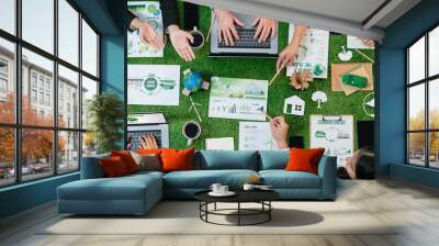 Panorama top view of business people planning business marketing with environmental responsibility for greener ecology. Productive teamwork contribute nature preservation and sustainable future.Quaint Wall mural