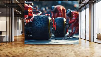 Photo of racing car was repaired by engine repair technician at arena. Car engine repair mechanic team helping and working while changing racing car wheel at race track with stress and tension. AIG42. Wall mural