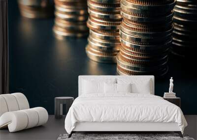 Pile of gold coins money stack in finance treasury deposit bank account saving . Concept of corporate business economy and financial growth by investment in valuable asset to gain cash revenue . Wall mural