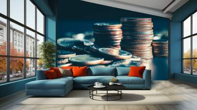 Pile of gold coins money stack in finance treasury deposit bank account saving . Concept of corporate business economy and financial growth by investment in valuable asset to gain cash revenue . Wall mural