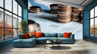 Pile of gold coins money stack in finance treasury deposit bank account saving . Concept of corporate business economy and financial growth by investment in valuable asset to gain cash revenue . Wall mural