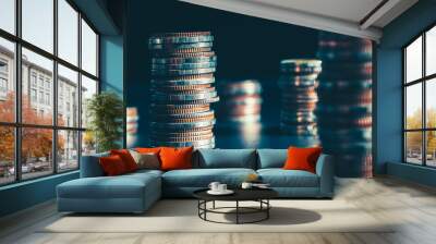 Pile of gold coins money stack in finance treasury deposit bank account saving . Concept of corporate business economy and financial growth by investment in valuable asset to gain cash revenue . Wall mural