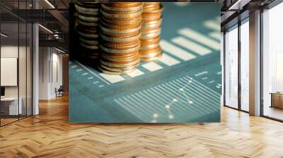 Pile of gold coins stack in finance treasury deposit bank account for saving . Concept of corporate business economy and financial growth by investment in valuable asset to gain cash revenue profit . Wall mural