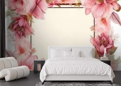 Piones flowers pink square frame. Generative AI image weber. Wall mural