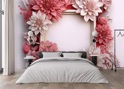 Piones flowers pink square frame. Generative AI image weber. Wall mural