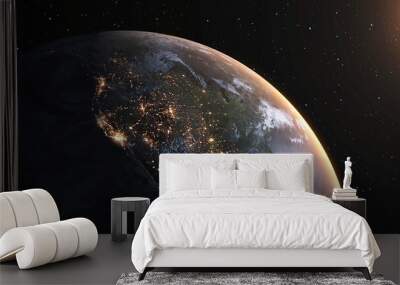 Planet earth with realistic geography surface and orbital 3D cloud atmosphere . Outer space view of world globe sphere of continents . 3D rendering graphic . Elements of this image furnished by NASA . Wall mural