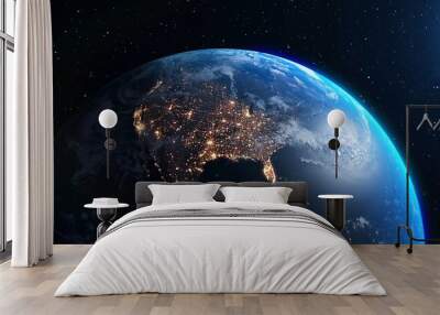 Planet earth with realistic geography surface and orbital 3D cloud atmosphere . Outer space view of world globe sphere of continents . 3D rendering graphic . Elements of this image furnished by NASA . Wall mural