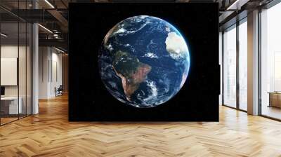 Planet earth with realistic geography surface and orbital 3D cloud atmosphere . Outer space view of world globe sphere of continents . 3D rendering graphic . Elements of this image furnished by NASA . Wall mural