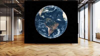 Planet earth with realistic geography surface and orbital 3D cloud atmosphere . Outer space view of world globe sphere of continents . 3D rendering graphic . Elements of this image furnished by NASA . Wall mural