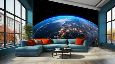 Planet earth with realistic geography surface and orbital 3D cloud atmosphere . Outer space view of world globe sphere of continents . 3D rendering graphic . Elements of this image furnished by NASA . Wall mural