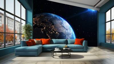 Planet earth with realistic geography surface and orbital 3D cloud atmosphere . Outer space view of world globe sphere of continents . 3D rendering graphic . Elements of this image furnished by NASA . Wall mural