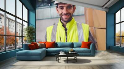 Professional industry worker close up portrait in the factory or warehouse . Production line operator or engineering looking at camera . Wall mural