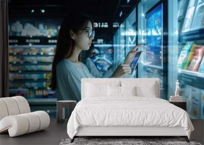 Professional project manager looking at data analysis and inspecting sales at monitor at shopping mall. Attractive business people selecting product by using hologram with blurring background. AIG42. Wall mural