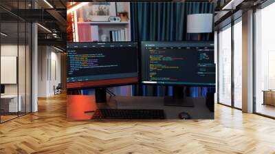 Programming code on computer two screens on desktop placing working desk showing intelligent website development coder system running data online information technology at neon light room. Infobahn. Wall mural