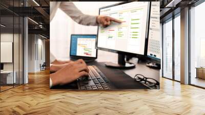Project management team coordinating and update project planned schedule on computer using Gantt chart software in office. Business people planning time and deadline for company task. Trailblazing Wall mural