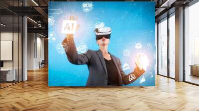 Project manager using visual reality goggle while holding AI generative. Professional business woman using program to generate AI while looking at financial statistic and coding prompt. Contraption. Wall mural