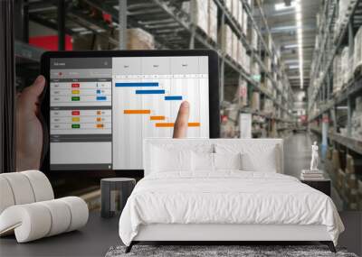 Project planning software for modish business project management on the computer screen showing timeline chart of the team project Wall mural