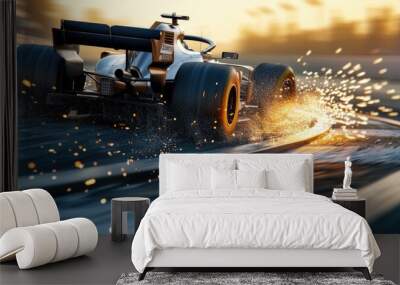 Racing car moving at high speed along racetrack with high speed and smoke. Racing car, propelled by the immense power of engine, hurtles down racetrack with incredible slicing through the air. AIG42. Wall mural