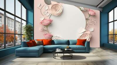 Romantic coloring in pastel roses of circle shape frame with leaves concept. Art in inside empty on flat layout design. Glorious generative AI. Wall mural